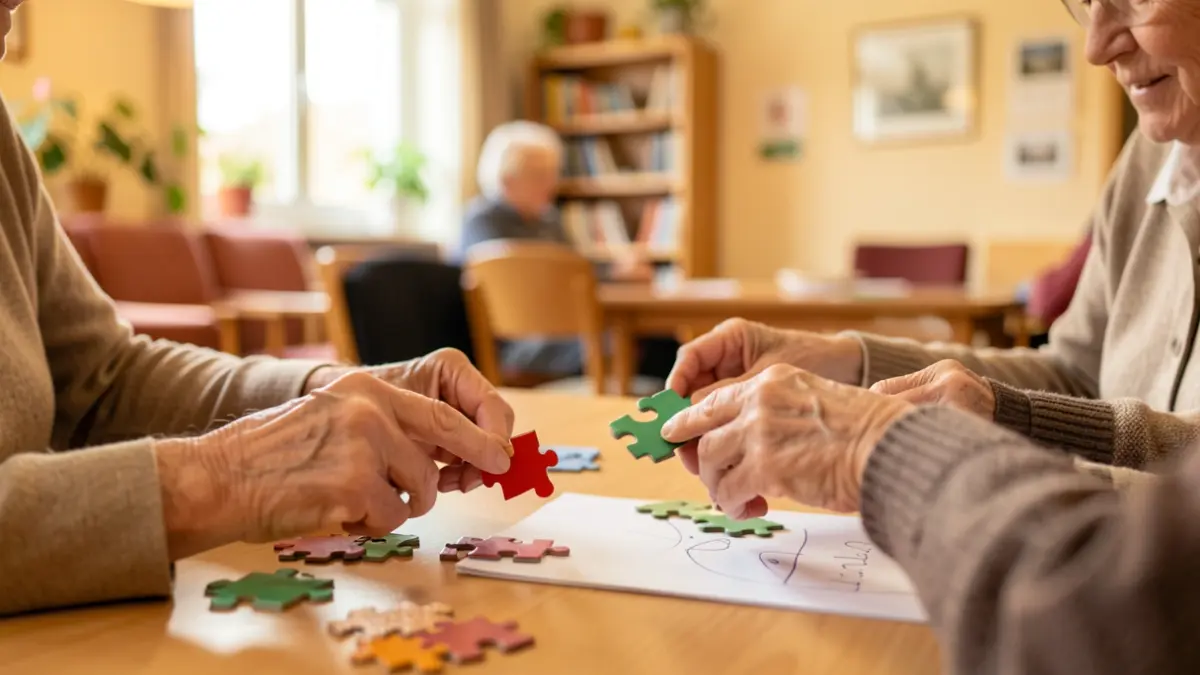 Hands of elderly people participating in cognitive stimulation activities.