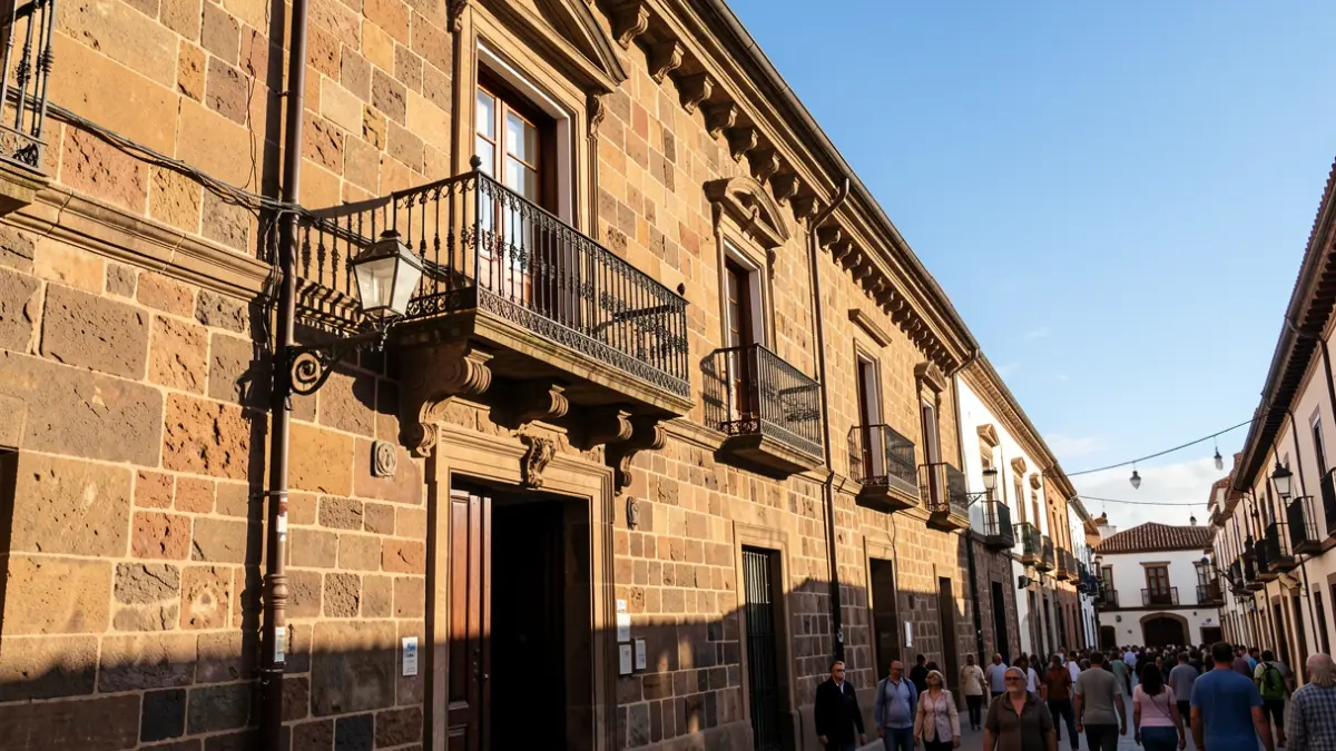 Fachada del Ayuntamiento de Tegueste con balcón y barandillas de hierro, luz de tarde.