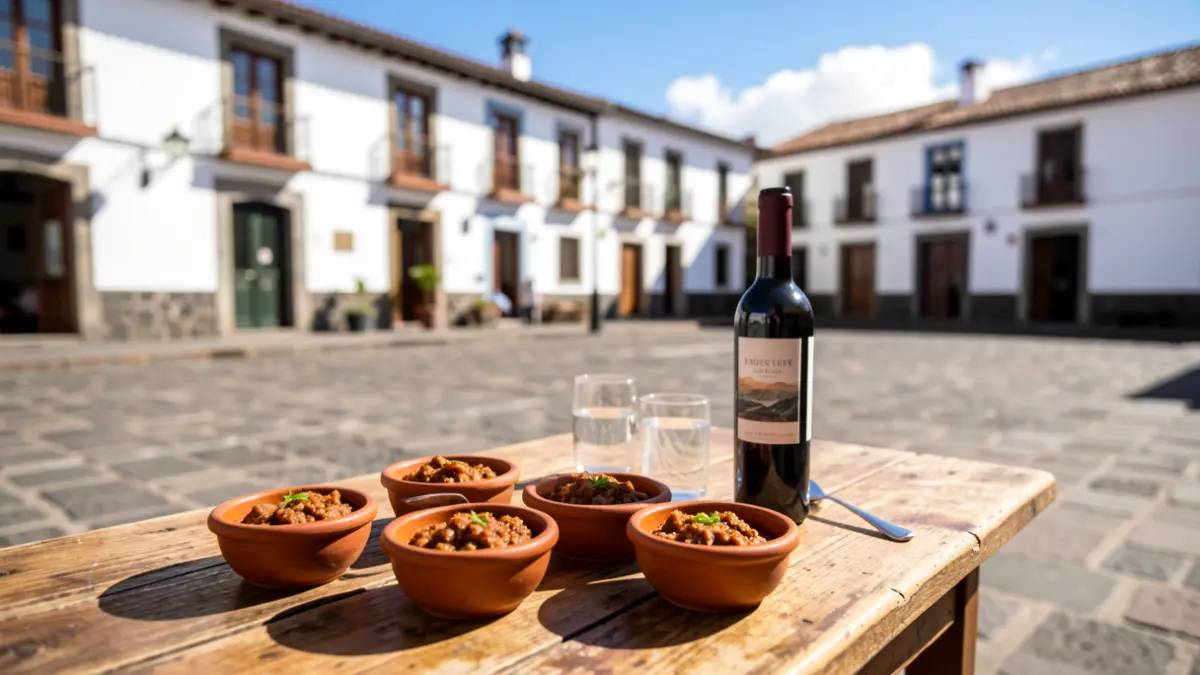 Table with adobo dishes and wine in a Tegueste square.