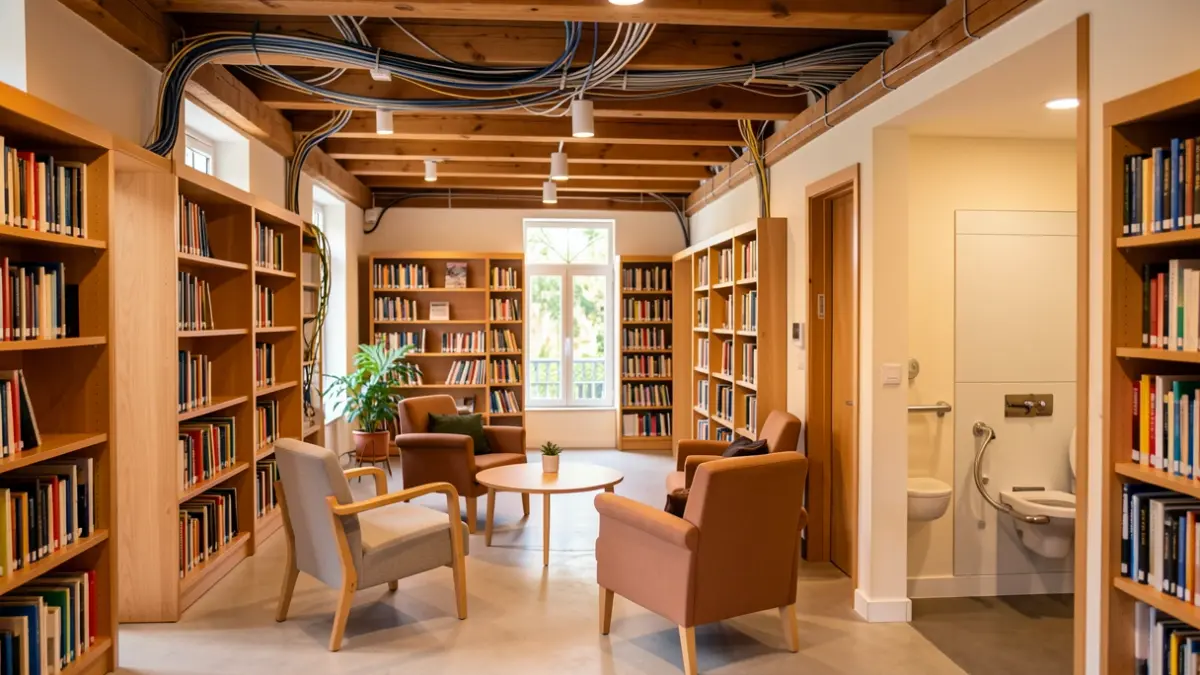 Image of the renovated interior of the Tegueste Municipal Library, highlighting accessibility and new technological infrastructure.