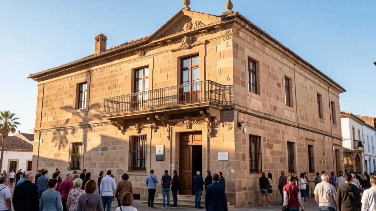 Facade of the Tegueste Town Hall with a balcony and iron railings, under the afternoon sunlight.