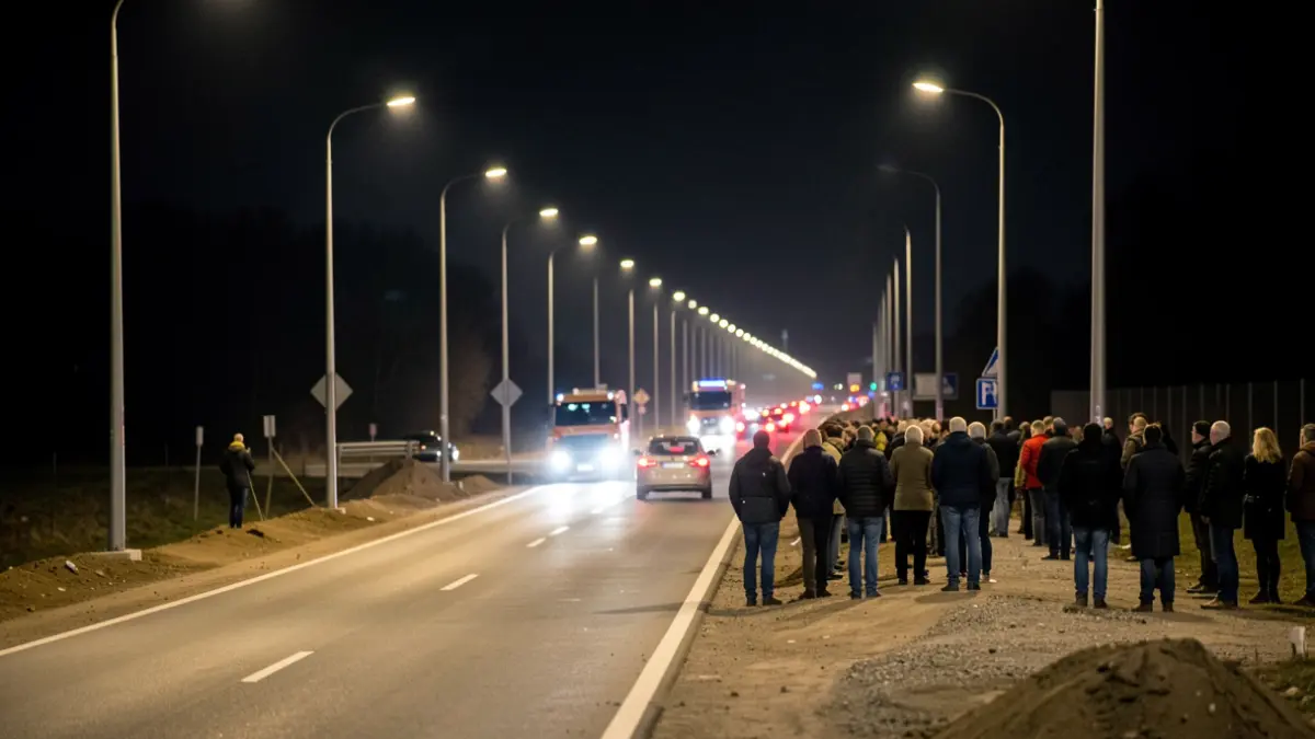Imagen genérica de trabajos de instalación de farolas en una carretera de noche.