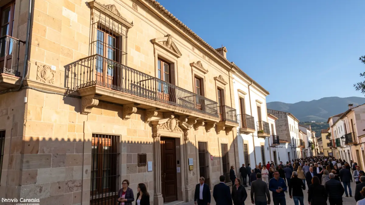 Facade of a traditional Canarian town hall with a balcony and iron railings, warm afternoon sunlight.