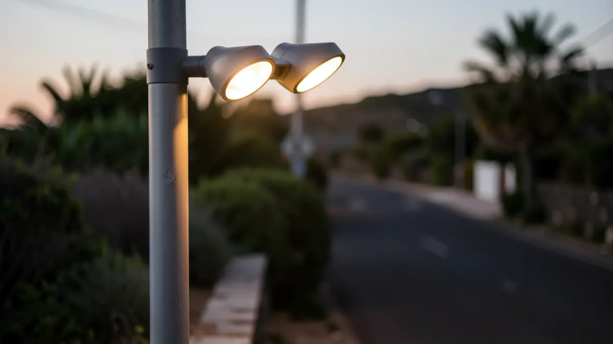 Image of a newly installed modern street lamp on the TF-13 road in Tegueste.
