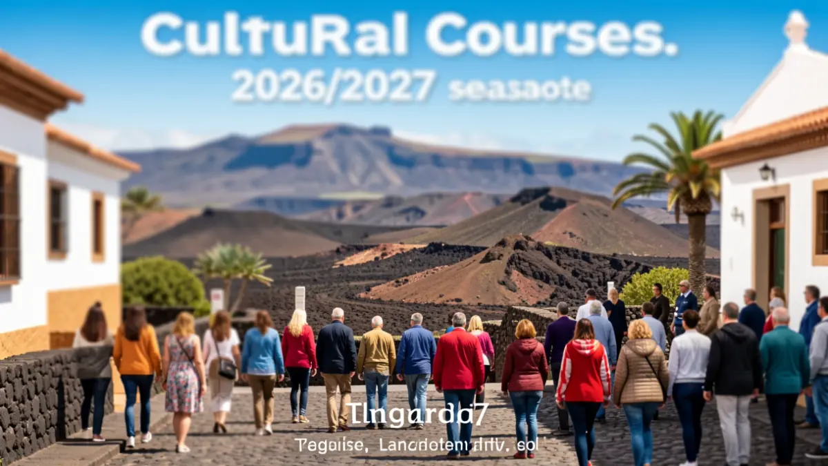 Generic poster announcing cultural courses in Teguise, featuring volcanic landscapes and Canarian architecture.