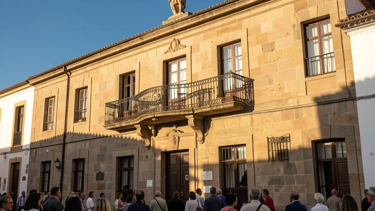 Facade of a traditional Canarias town hall with balcony and iron railings, afternoon sunlight.