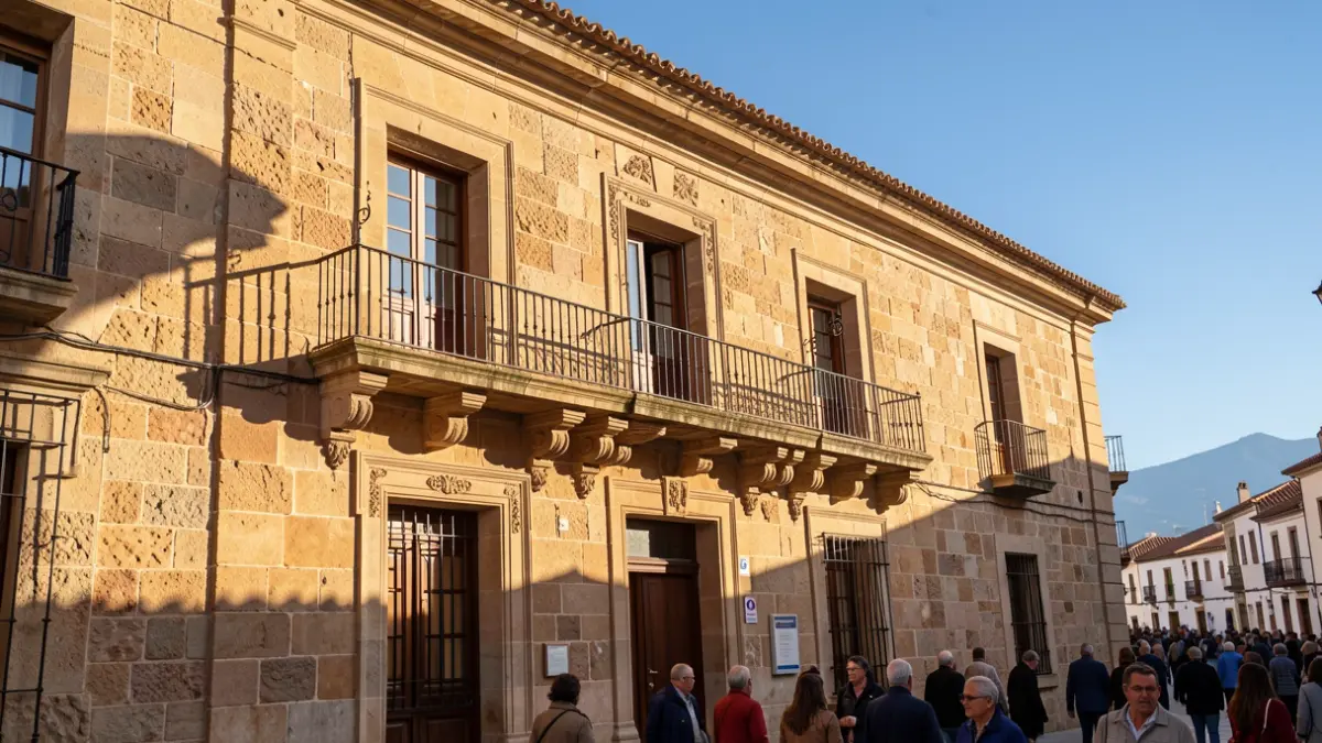 Generic facade of a Canarian town hall with a balcony and afternoon light.