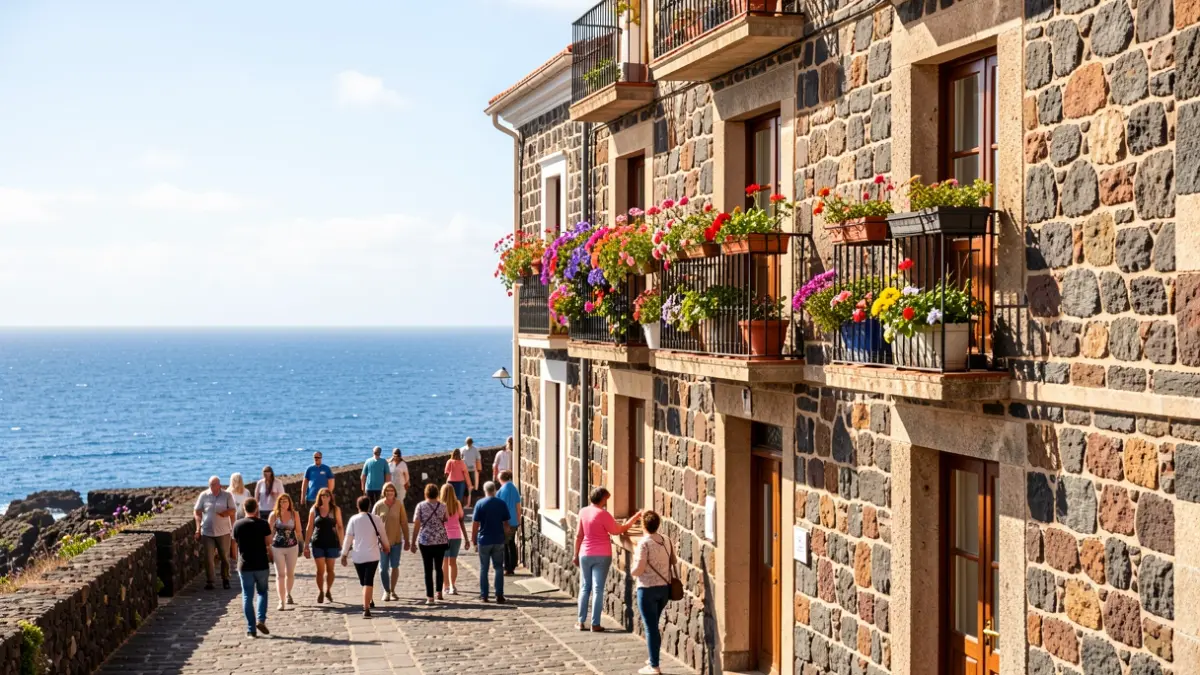 Fachada de una pensión tradicional en La Graciosa con flores y el mar al fondo.