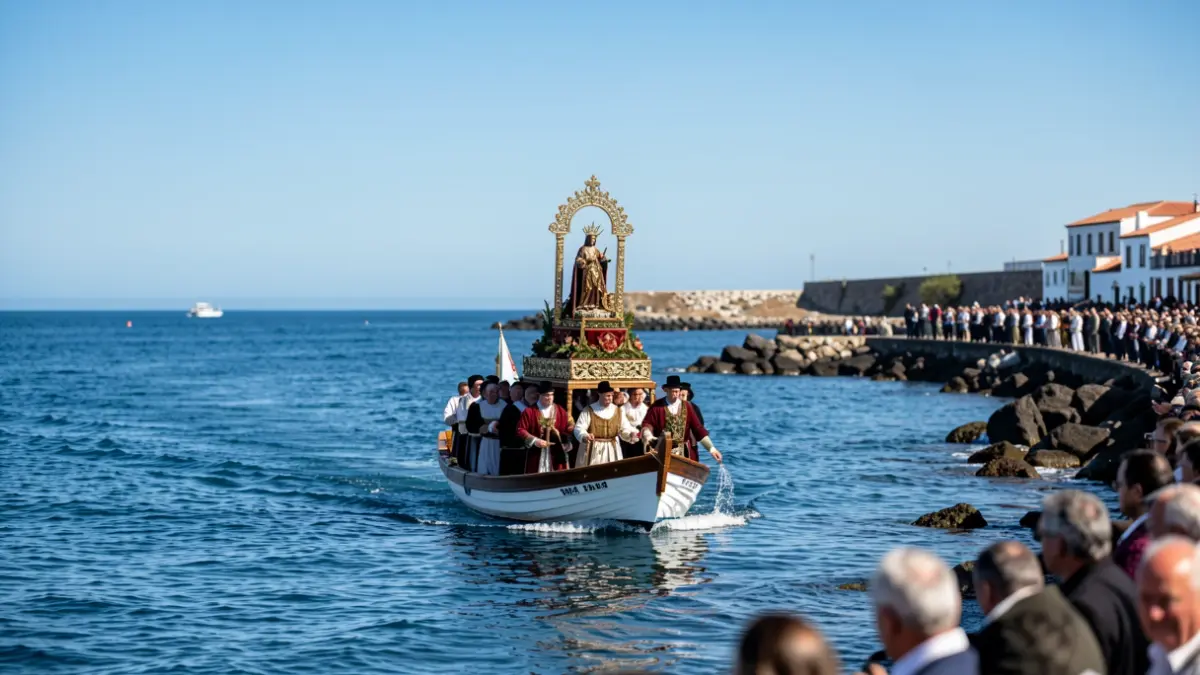 Procesión marítima tradicional en la costa de Canarias.