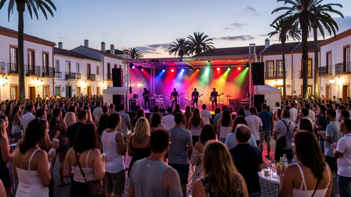 Imagen genérica de un festival de música al aire libre en una plaza de Canarias al atardecer.