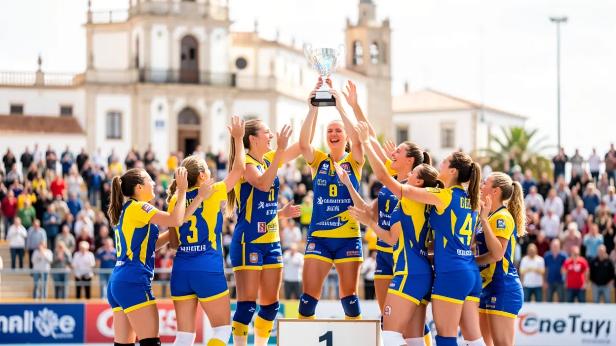 Rocasa Gran Canaria players celebrating the Spanish Super Cup in front of the Telde City Hall.