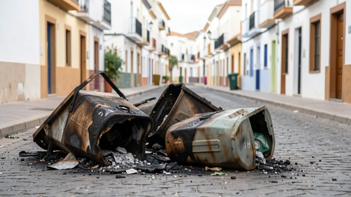 Damaged and burnt waste containers on a street in Telde.