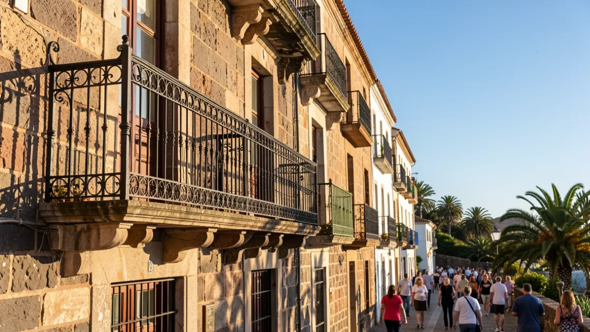 Fachada de un edificio tradicional canario con balcón y barandillas de hierro, bajo la luz del sol de la tarde.