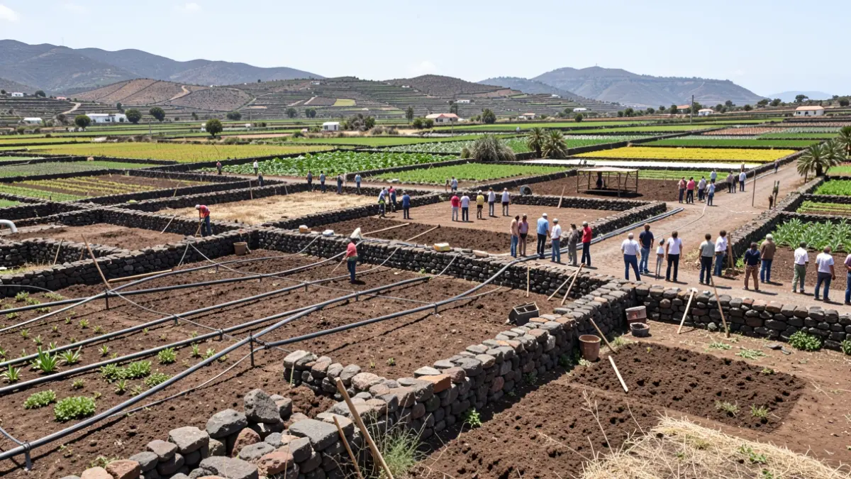 Paisaje rural en Telde con campos agrícolas en proceso de recuperación y mantenimiento.