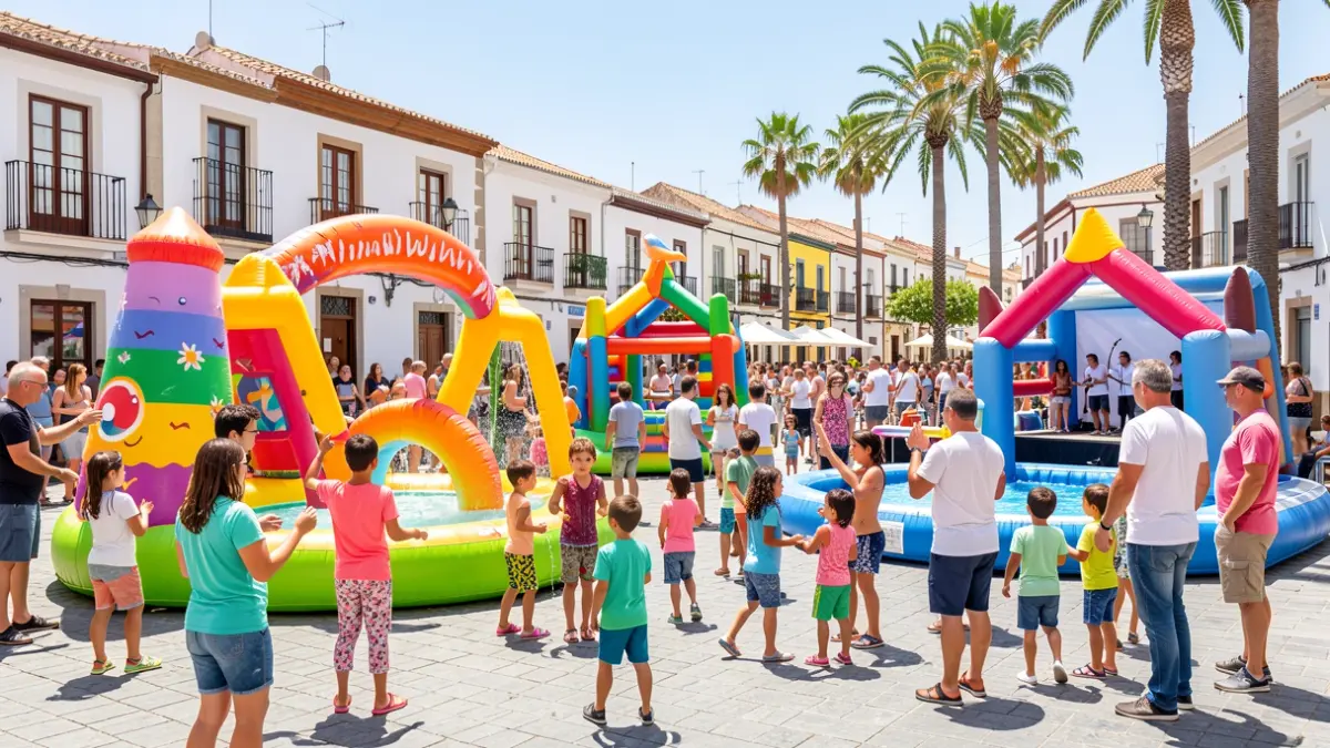 Generic image of a town square in Canarias with families enjoying children's leisure activities.