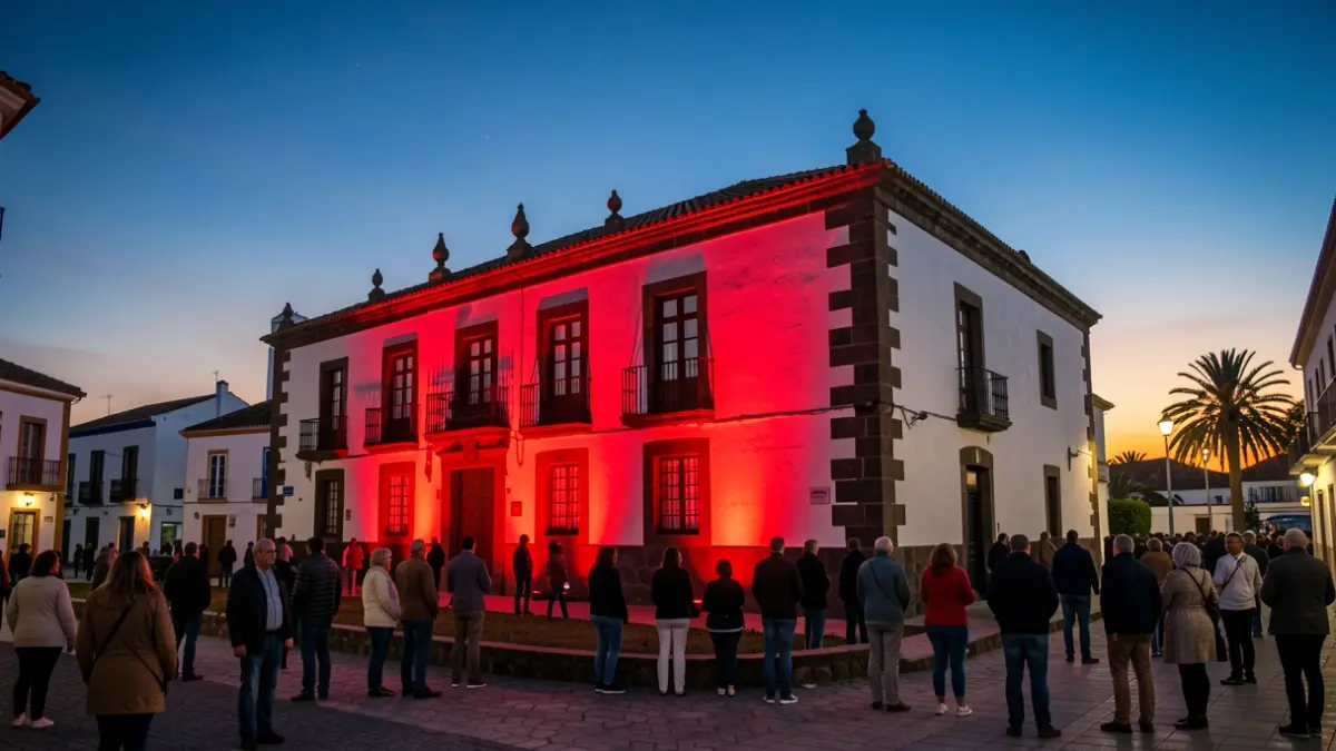 Edificio municipal de Telde iluminado de rojo por el Día Mundial del Corazón.