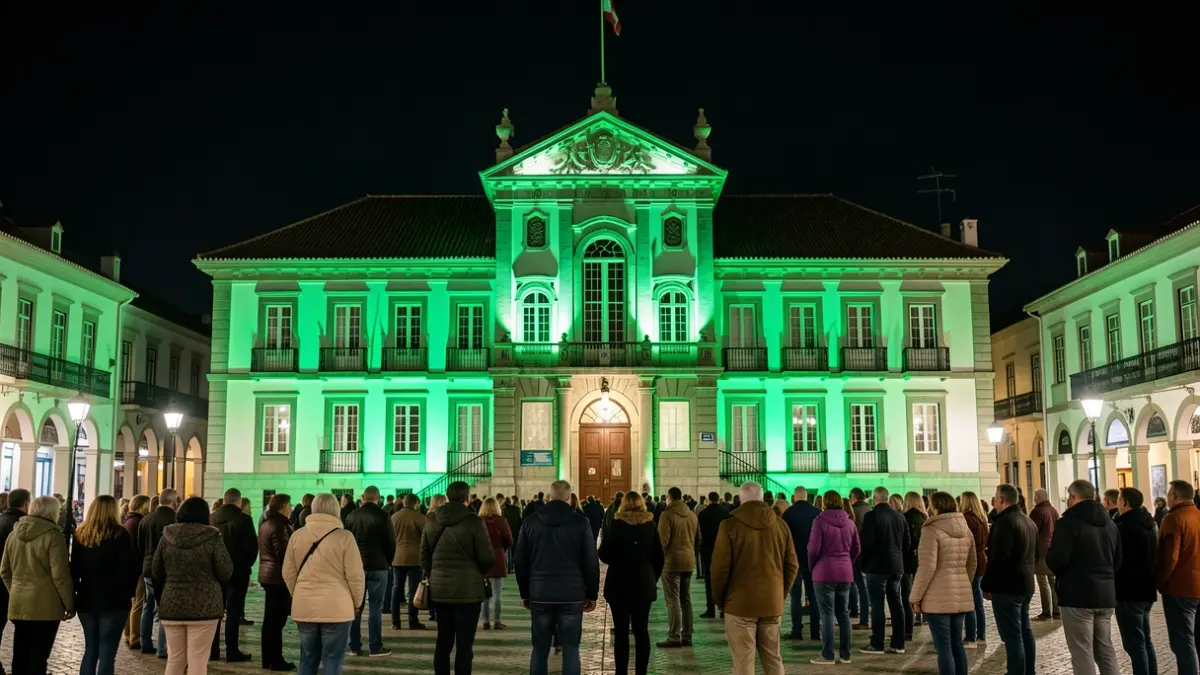 Edificio del Ayuntamiento de Telde iluminado de verde.