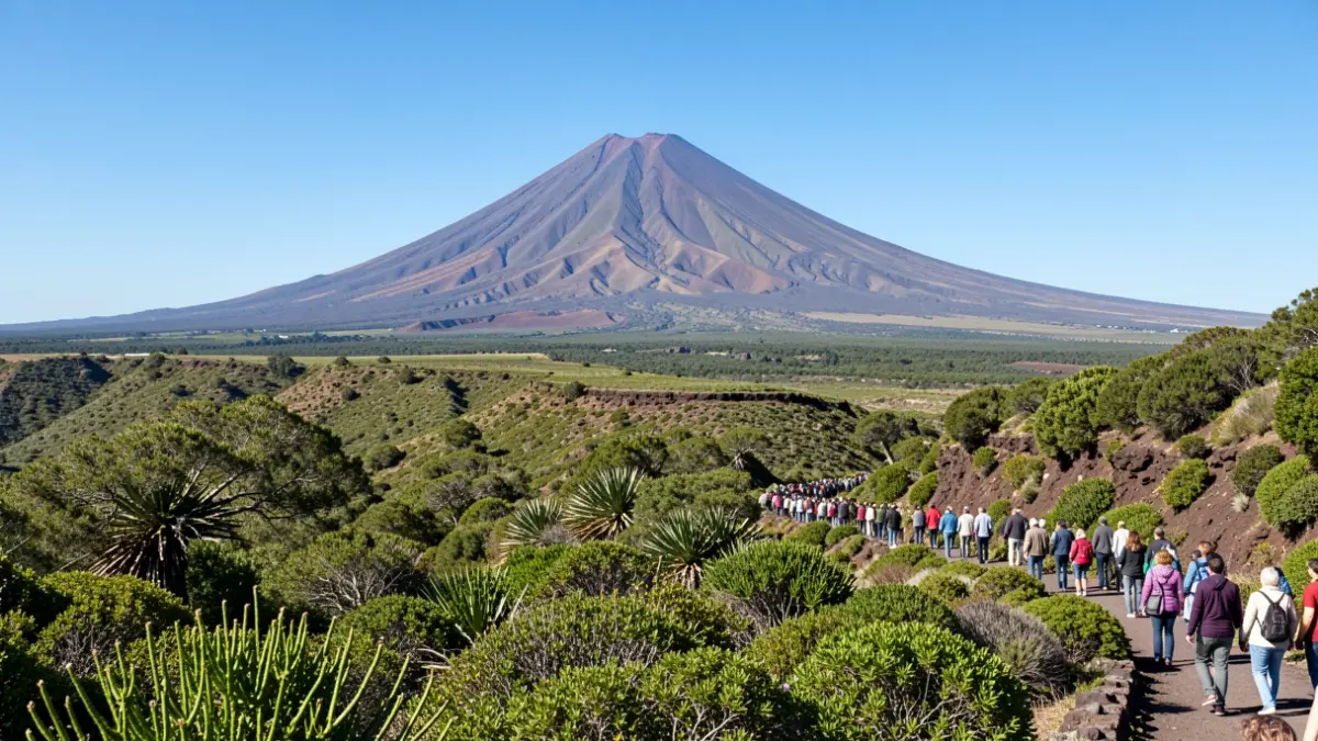 Volcanic landscape of Canarias with Mount Teide and vegetation.
