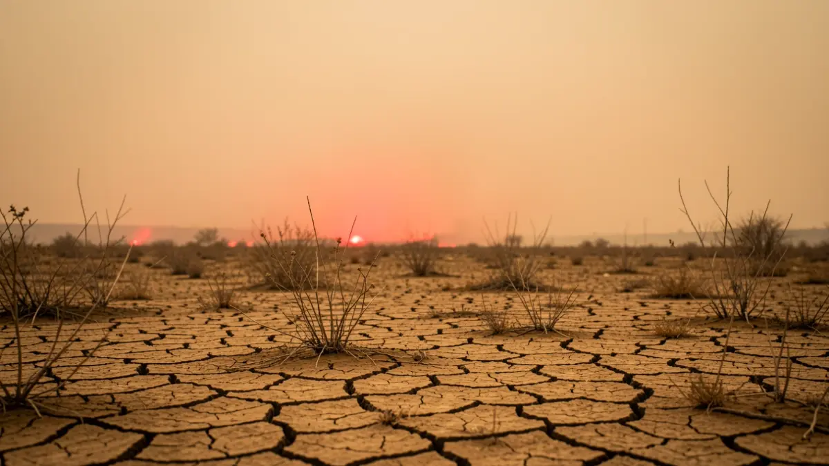 Generic image of forest fire risk with dry earth and hazy sky.