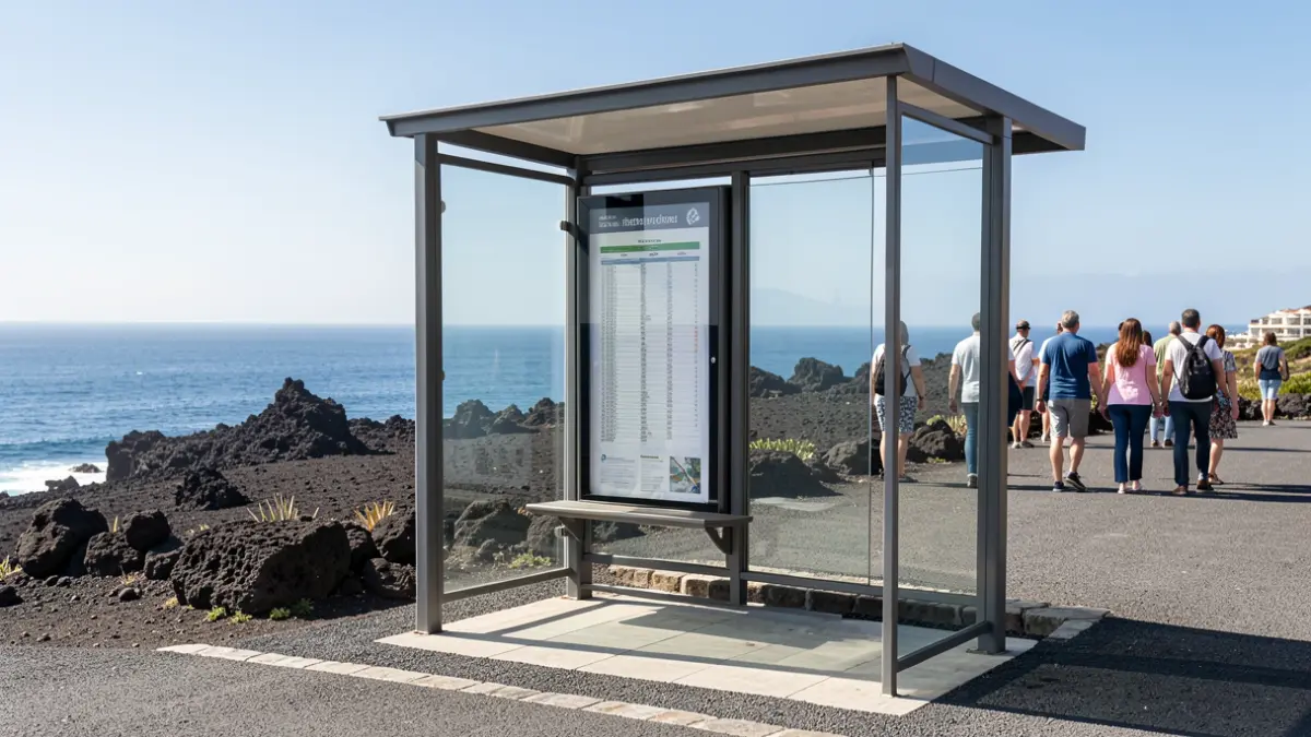 Imagen genérica de una parada de autobús en Canarias con paisaje volcánico y mar al fondo.