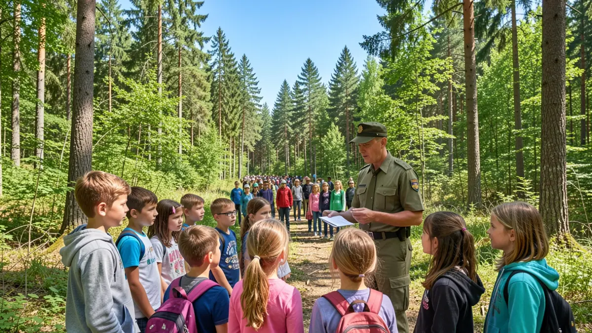 Image of schoolchildren learning about forest fire prevention in a natural environment.