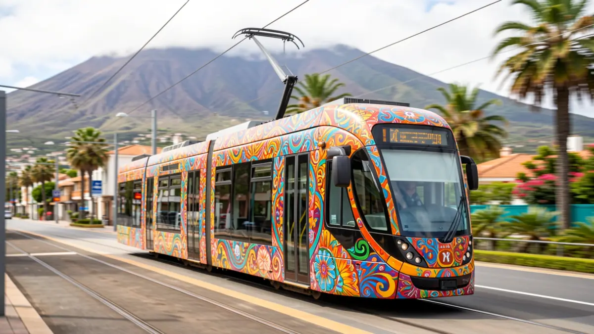 Tram decorated with Mexican craft motifs circulating through Tenerife.