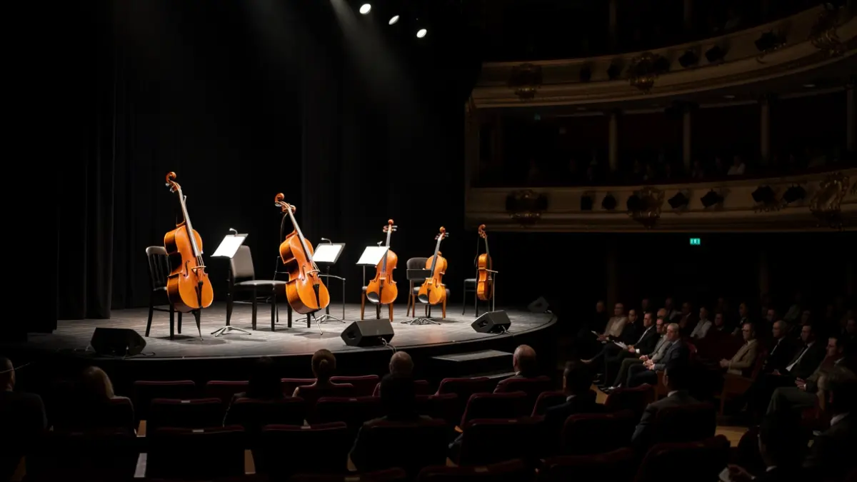 Imagen genérica de instrumentos musicales en un escenario de concierto.