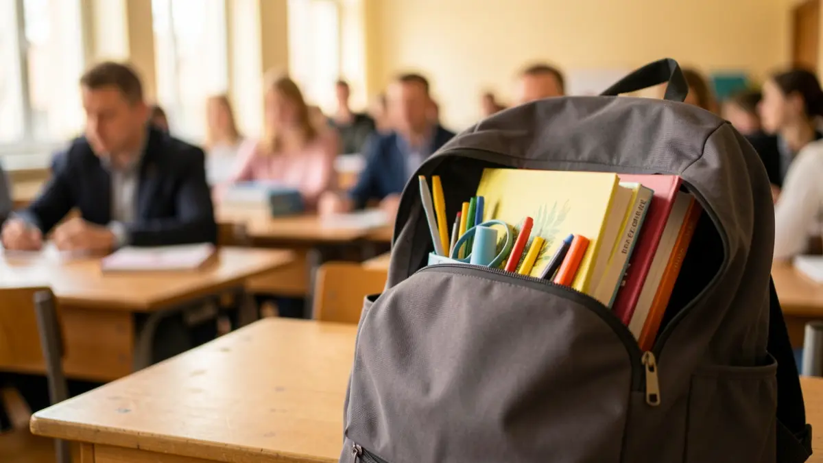 Mochila escolar con libros y material de estudio sobre un escritorio.