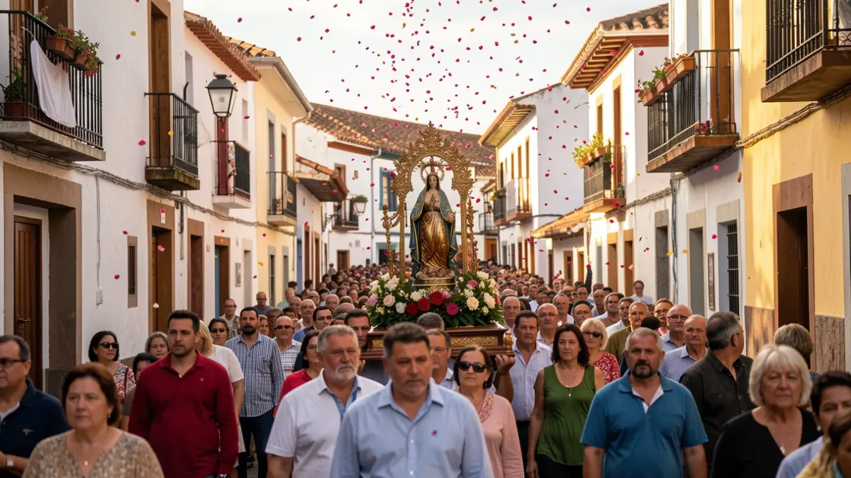 Procesión de la Virgen del Pino en Teror con miles de pétalos cayendo.