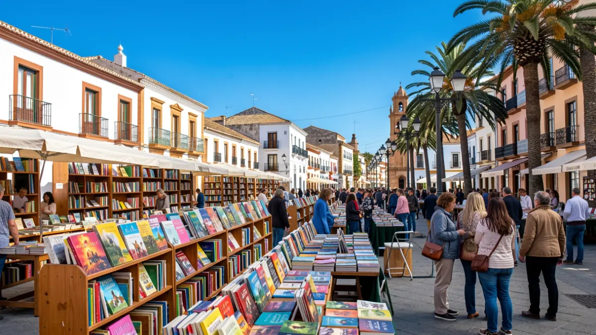 Plaza de los Libros de Teror con estanterías de libros y arquitectura canaria.