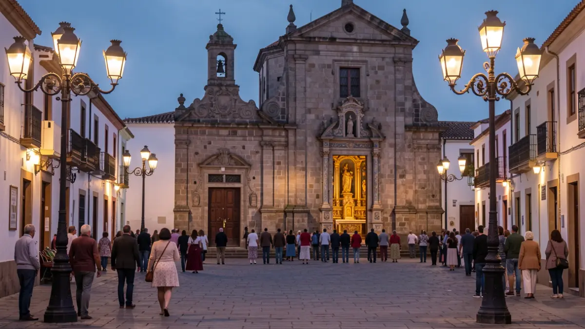 Plaza de Teror al atardecer durante las Fiestas del Pino, con iluminación ambiental y la Basílica al fondo.