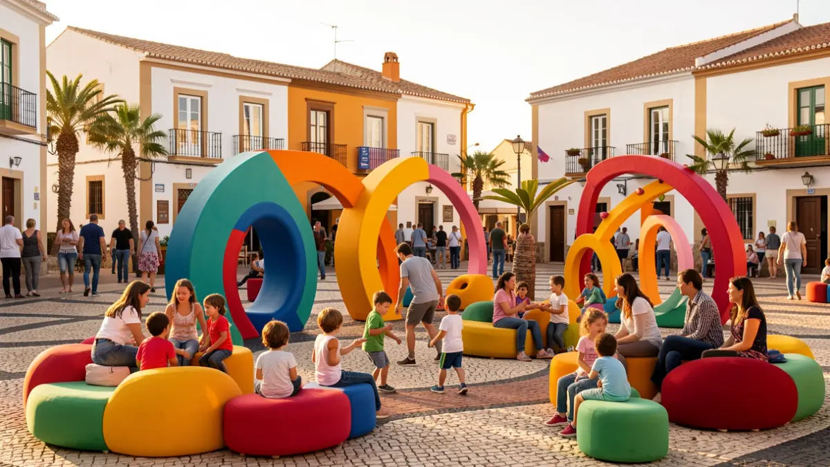 Imagen de una plaza pública en Canarias transformada en un espacio de juego para todas las edades, con estructuras coloridas y gente interactuando bajo el sol de la tarde.
