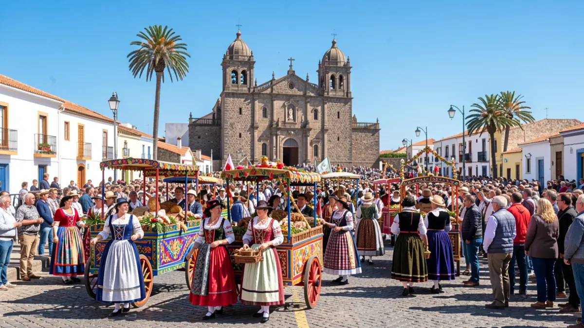 Generic image of the Fiestas del Pino in Teror, Gran Canaria, featuring a romeria and the Basilica.