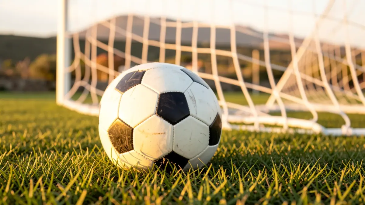 Imagen genérica de un balón de fútbol sobre césped con una red de portería desenfocada al atardecer.