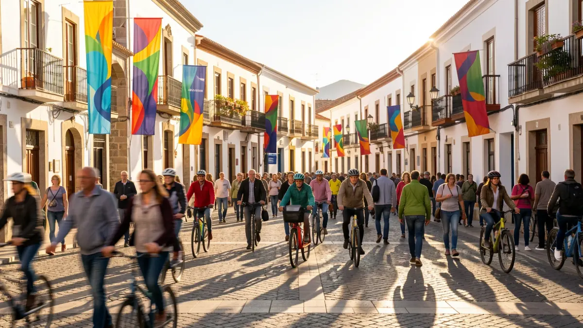 Generic image of a square in the Canary Islands during a mobility event with people and festive decorations.