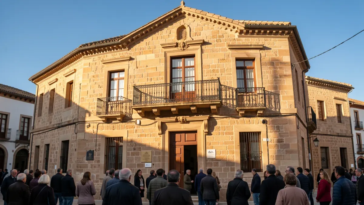 Facade of the Tías Town Hall with a balcony and iron railings, under the afternoon sunlight.