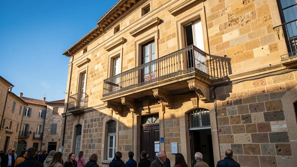 Fachada de un ayuntamiento tradicional canario con balcón y barandillas de hierro, luz solar cálida de la tarde.
