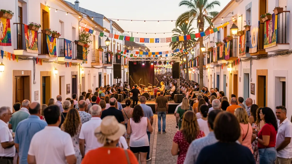 Escena festiva en Tinajo durante las Fiestas de Los Dolores, con decoraciones y público.