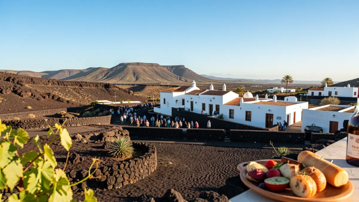 Paisaje de Tinajo, Lanzarote, con arquitectura tradicional y elementos que sugieren gastronomía.