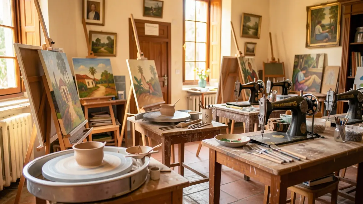 Cultural workshop scene in Tinajo featuring craft, painting, and sewing tools.