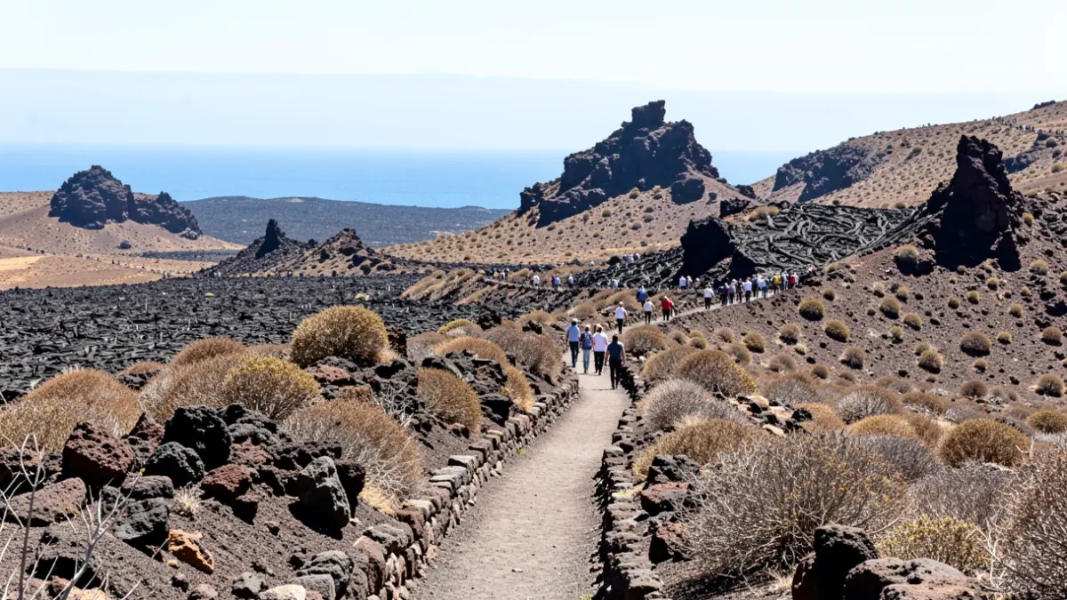 Paisaje volcánico de Tinajo con senderos y vistas al mar.