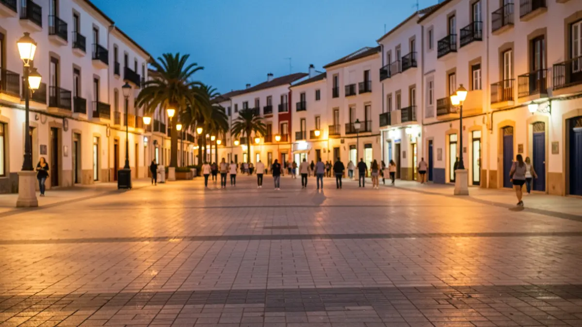 Generic image of an urban square at dusk with warm lights.