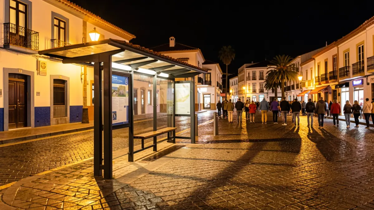 Night bus stop in a Canary Islands square with traditional architecture.