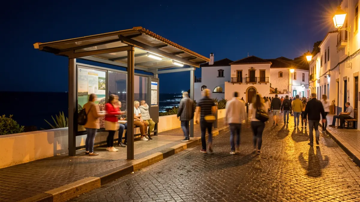 Imagen genérica de una parada de autobús nocturna en Canarias con gente esperando.