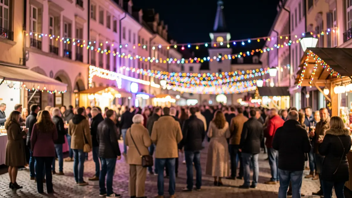 Generic image of a town square at night during a festival, with colorful lights and people enjoying the atmosphere.