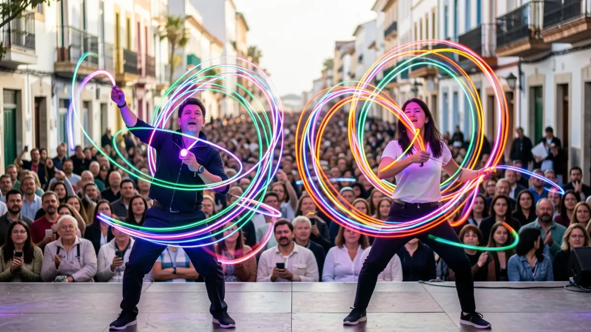 Imagen de dos artistas de yo-yo realizando una actuación sincronizada con luces brillantes en un escenario.