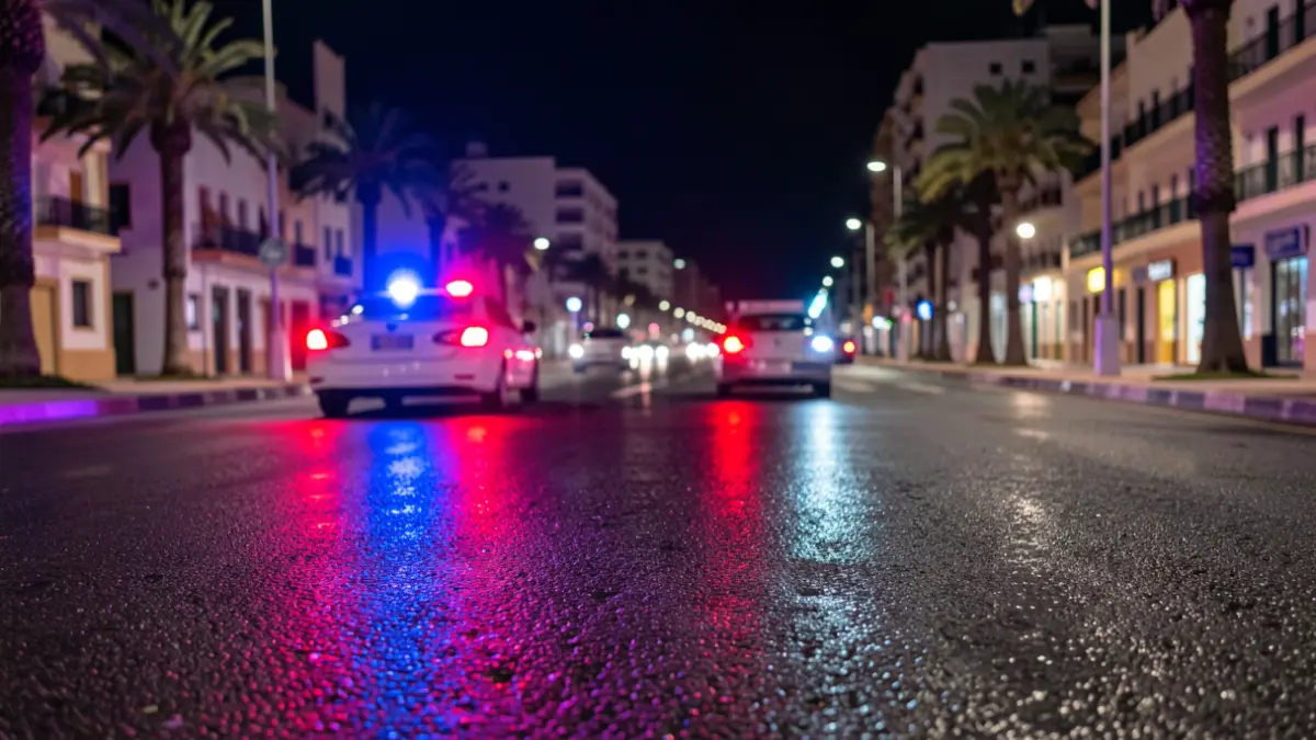 Generic image of police emergency lights reflecting on asphalt at night.