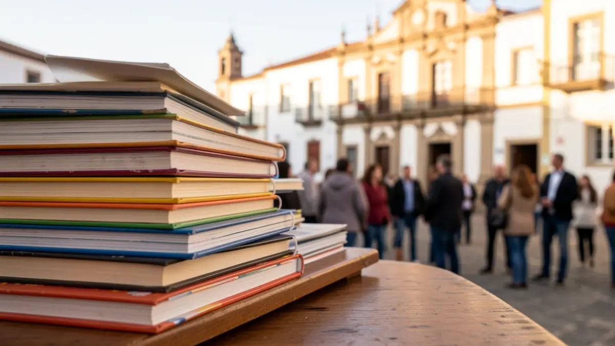 Image of school books and supplies on a desk with the Teror Town Hall in the background.