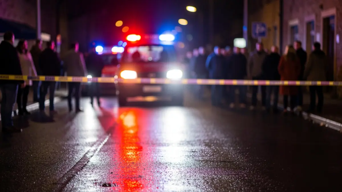 Imagen genérica de luces de emergencia policiales reflejándose en asfalto mojado por la noche.