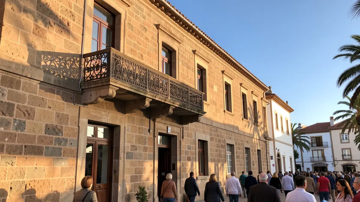 Fachada de piedra de un centro cultural en Canarias con balcón tradicional bajo la luz del sol.